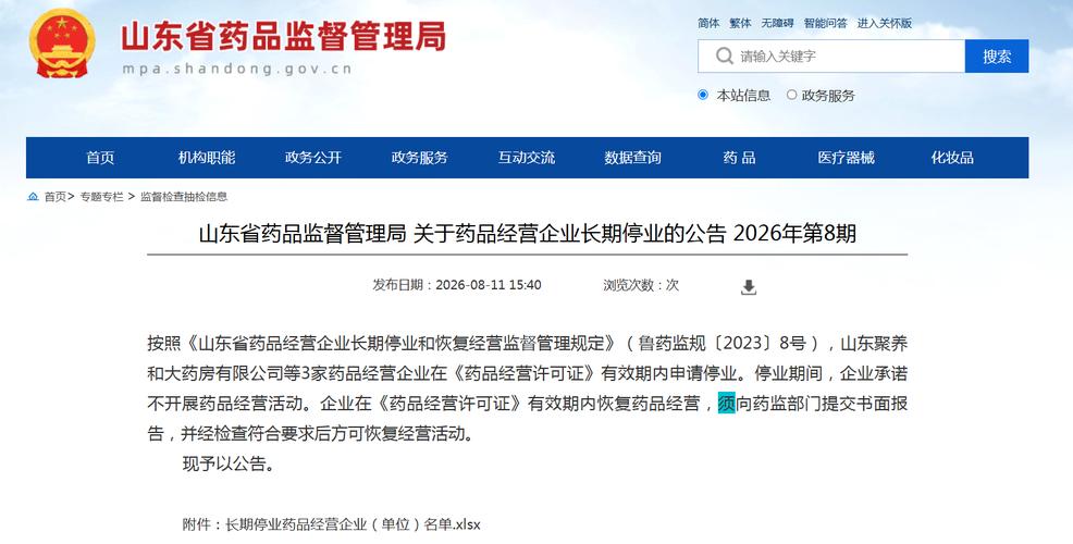 山东省药品监督管理局关于药品经营企业长期停业的公告 2026年第8期